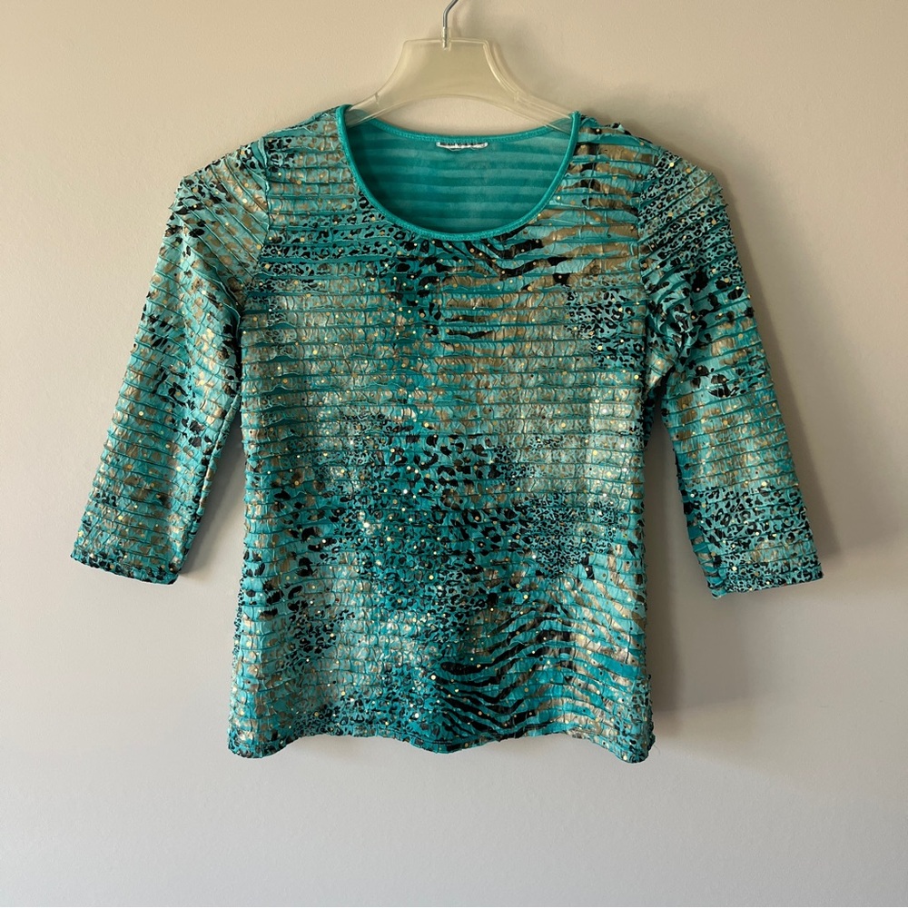 Vintage Sequin Teal Animal long Sleeve Top